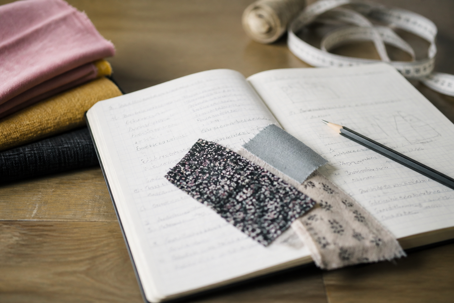 Carnet ouvert couvert de notes manuscrites sur la couture, un crayon de papier et quelques chutes de tissu posées en travers