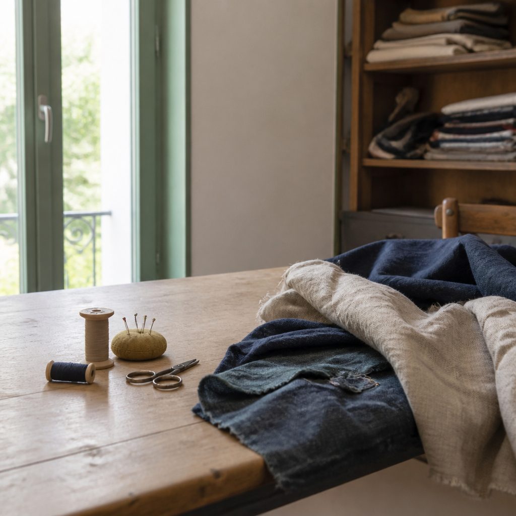 Coupon de lin lavé froissé couleur naturelle déroulé sur une table en bois clair, mètre ruban et épingles à côté, lumière de fenêtre