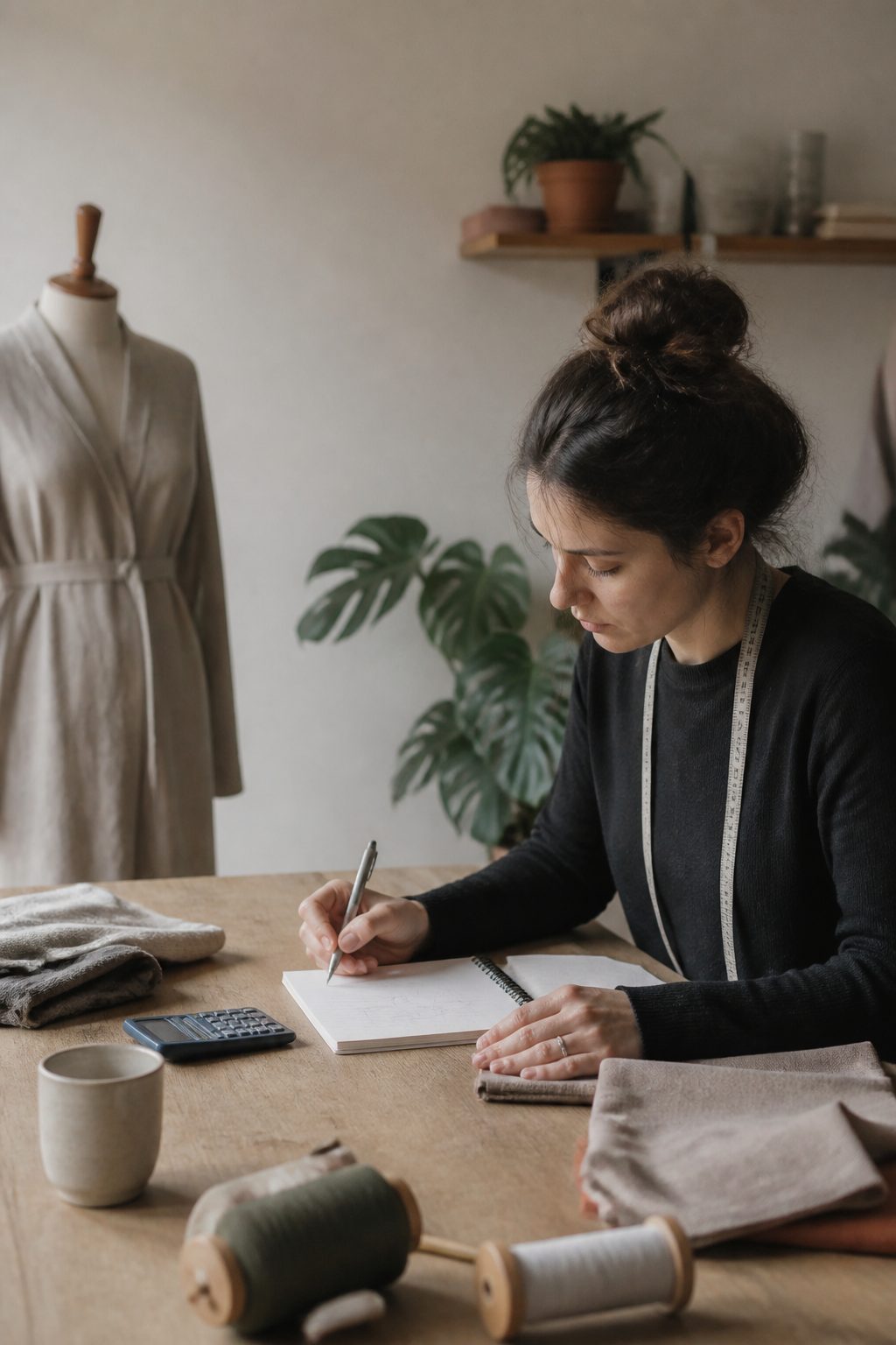 Carnet de comptes ouvert à côté d'une machine à coudre et d'une pile de vêtements retouchés, crayon posé sur les chiffres, lumière de table