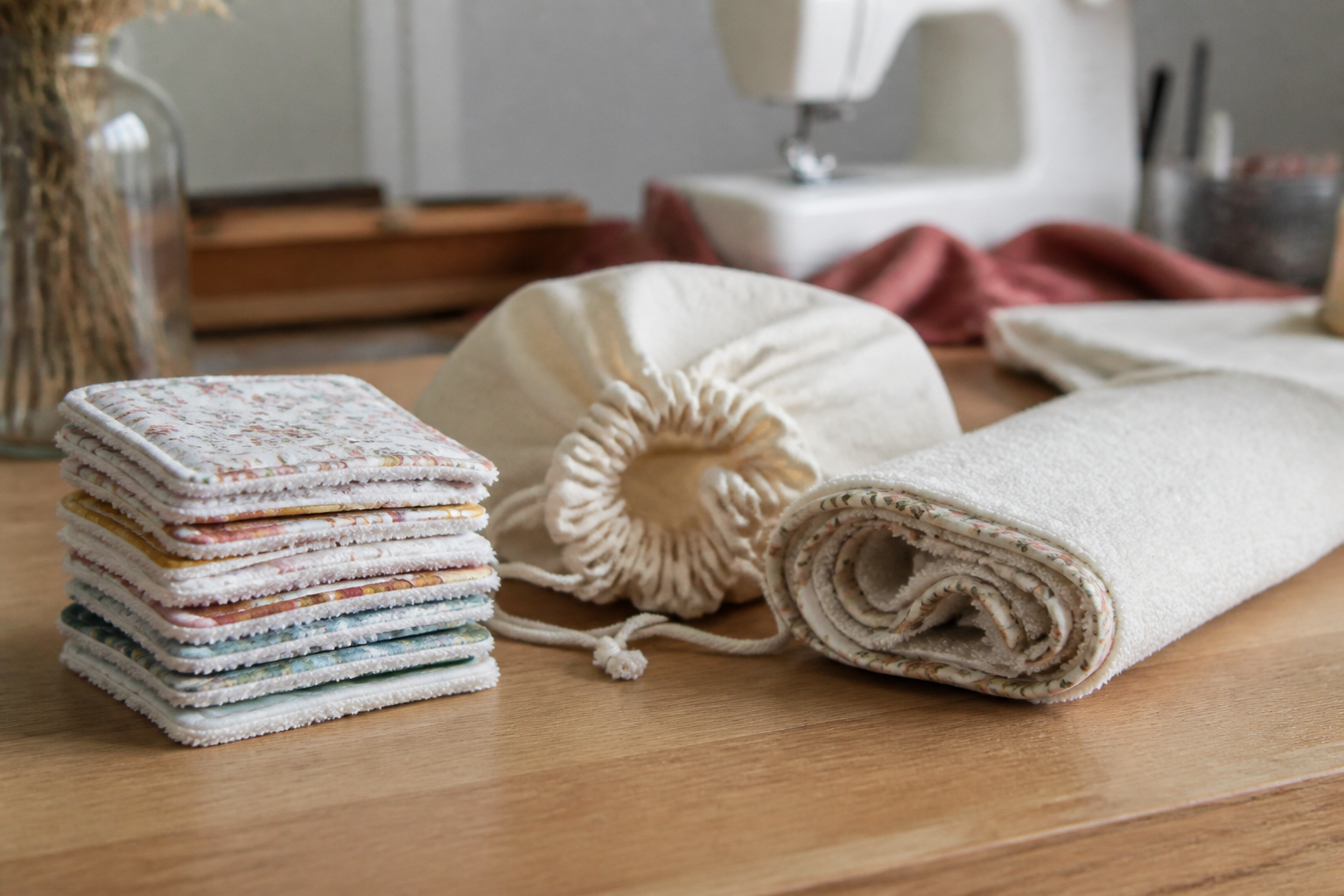 Pile de lingettes lavables carrées, un sac à vrac en coton et un essuie-tout en éponge posés sur une table de couture