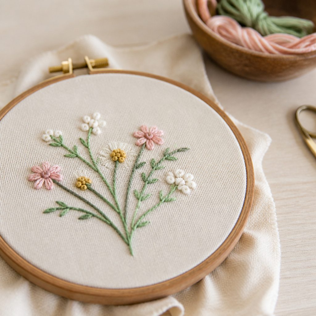 Broderie sur lin tendue sur un carton de montage posée à côté d'un cadre en bois et d'un passe-partout crème, table de travail en lumière de fenêtre