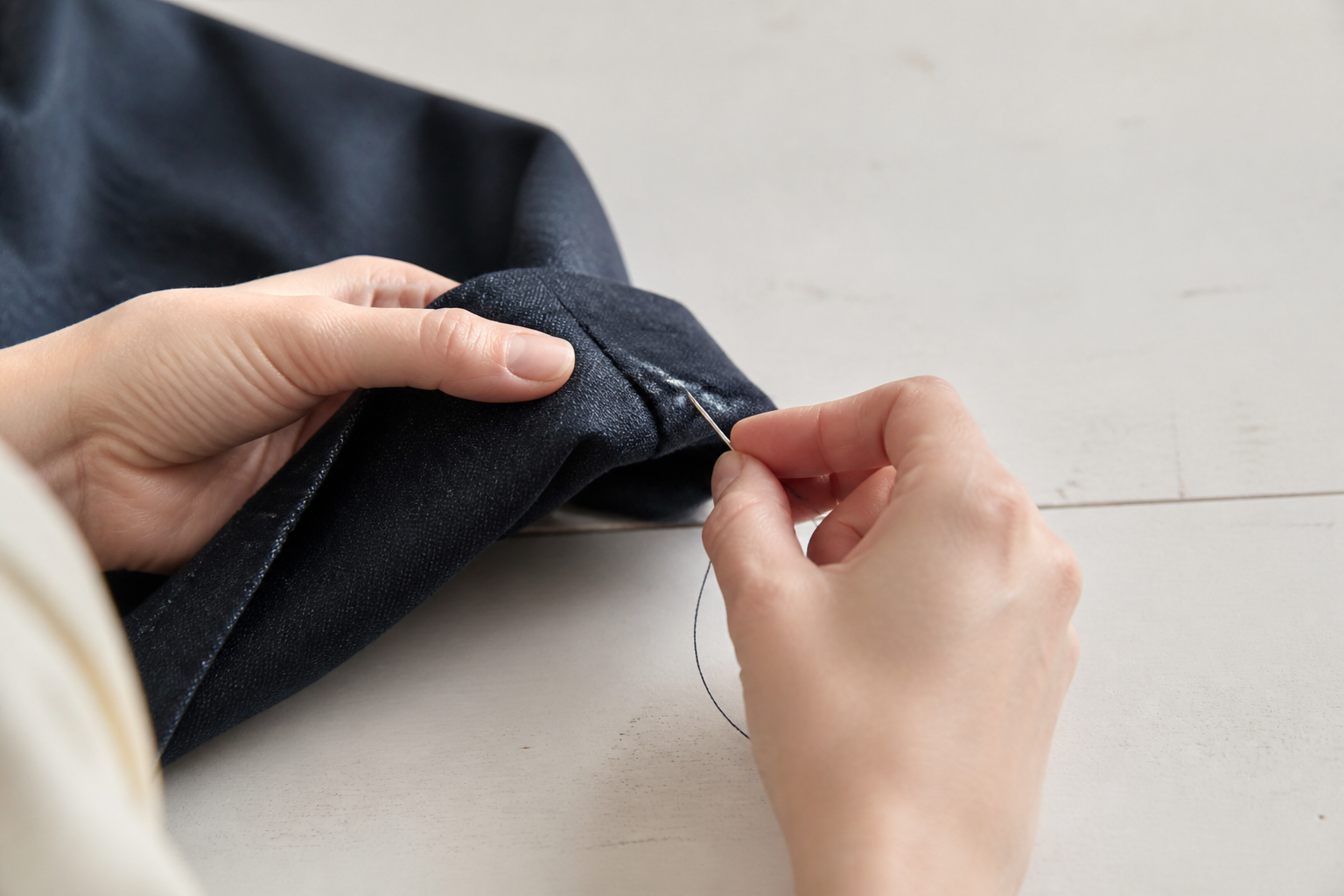 Mains cousant un ourlet de pantalon à l'aiguille, le pli maintenu par des épingles et un fil de faufilage clair