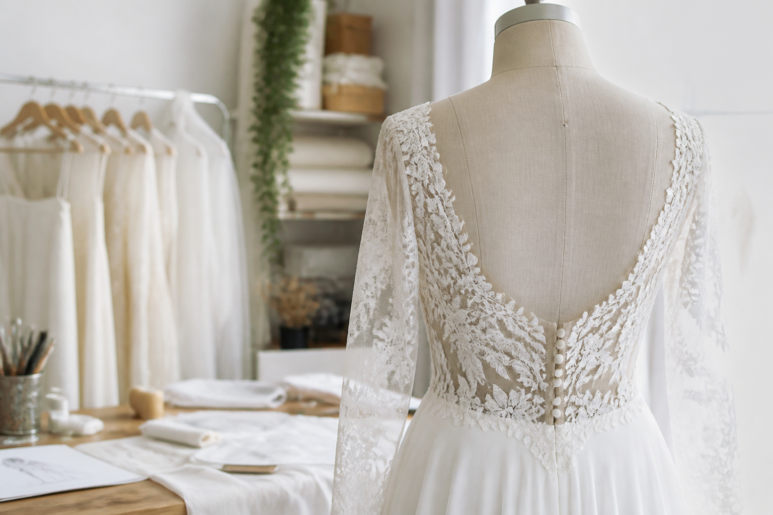Toile d'essayage blanche montée sur un mannequin de couture, marquée de traits de craie et d'épingles au niveau du bustier