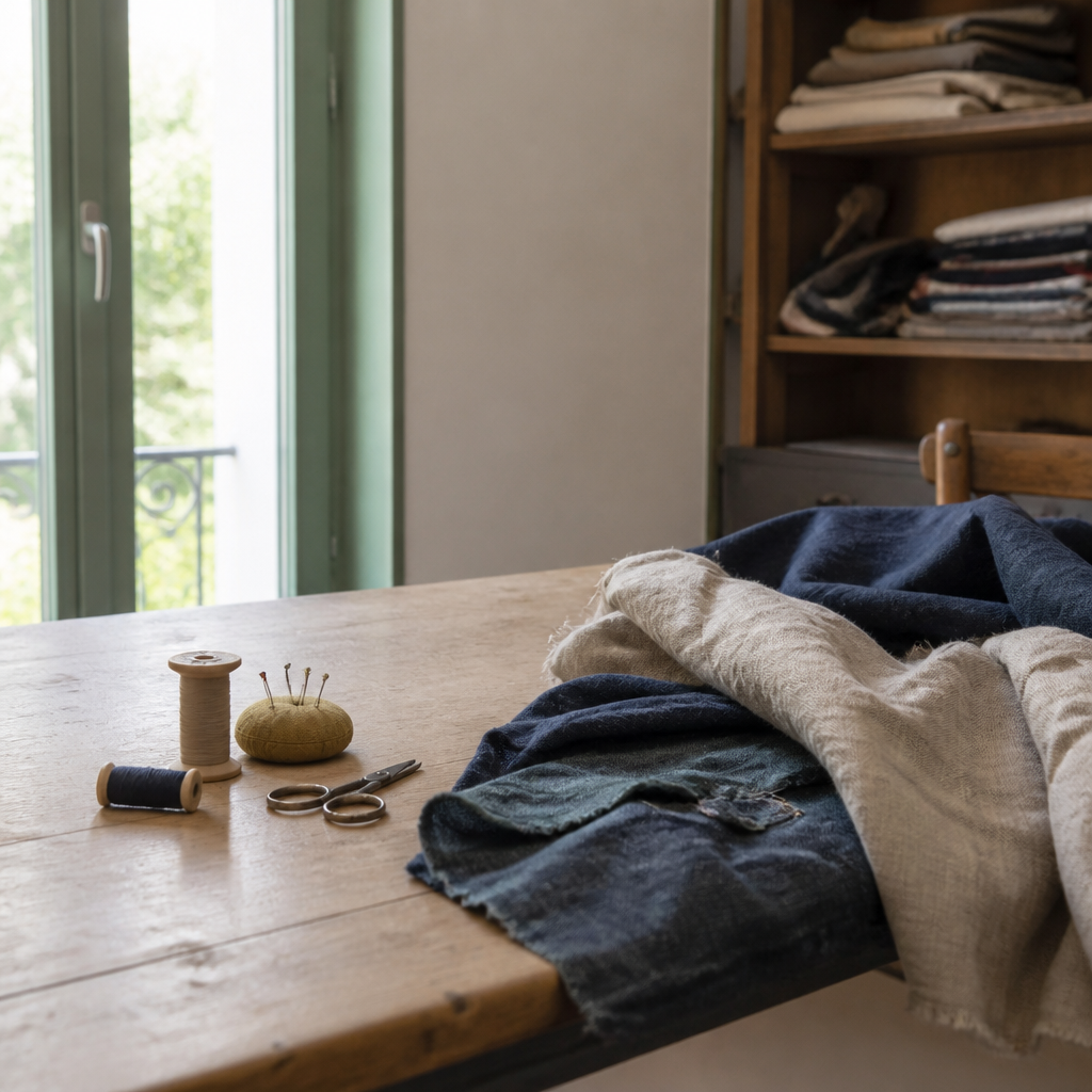 Table de couture près d'une fenêtre&nbsp;: tissu épinglé, ciseaux, bobines de fil et mètre ruban posés à portée de main